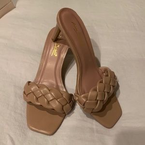 Faux leather taupe slides with square toe and braided front.